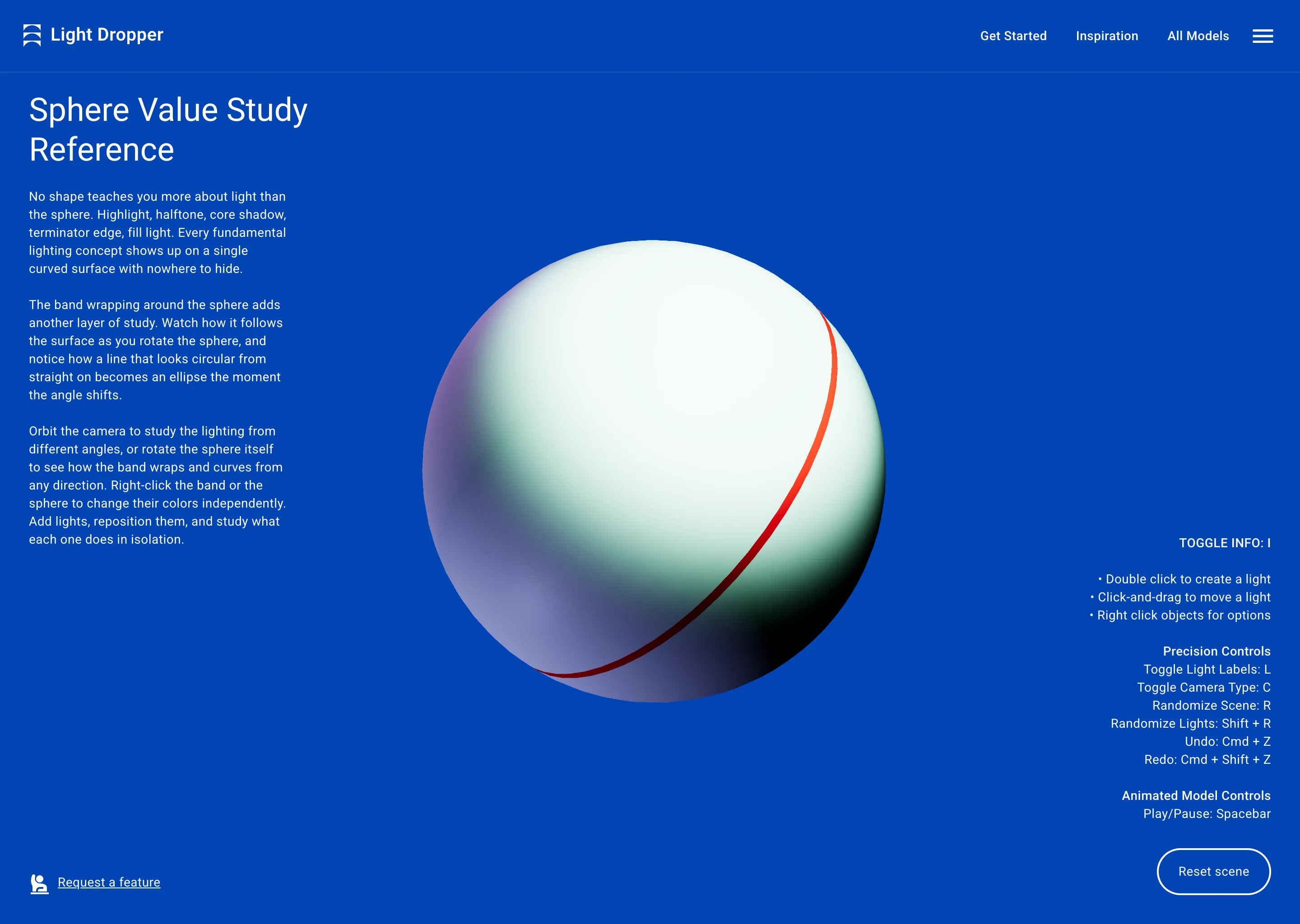 Hard spotlight on a 3d sphere value and contour study.