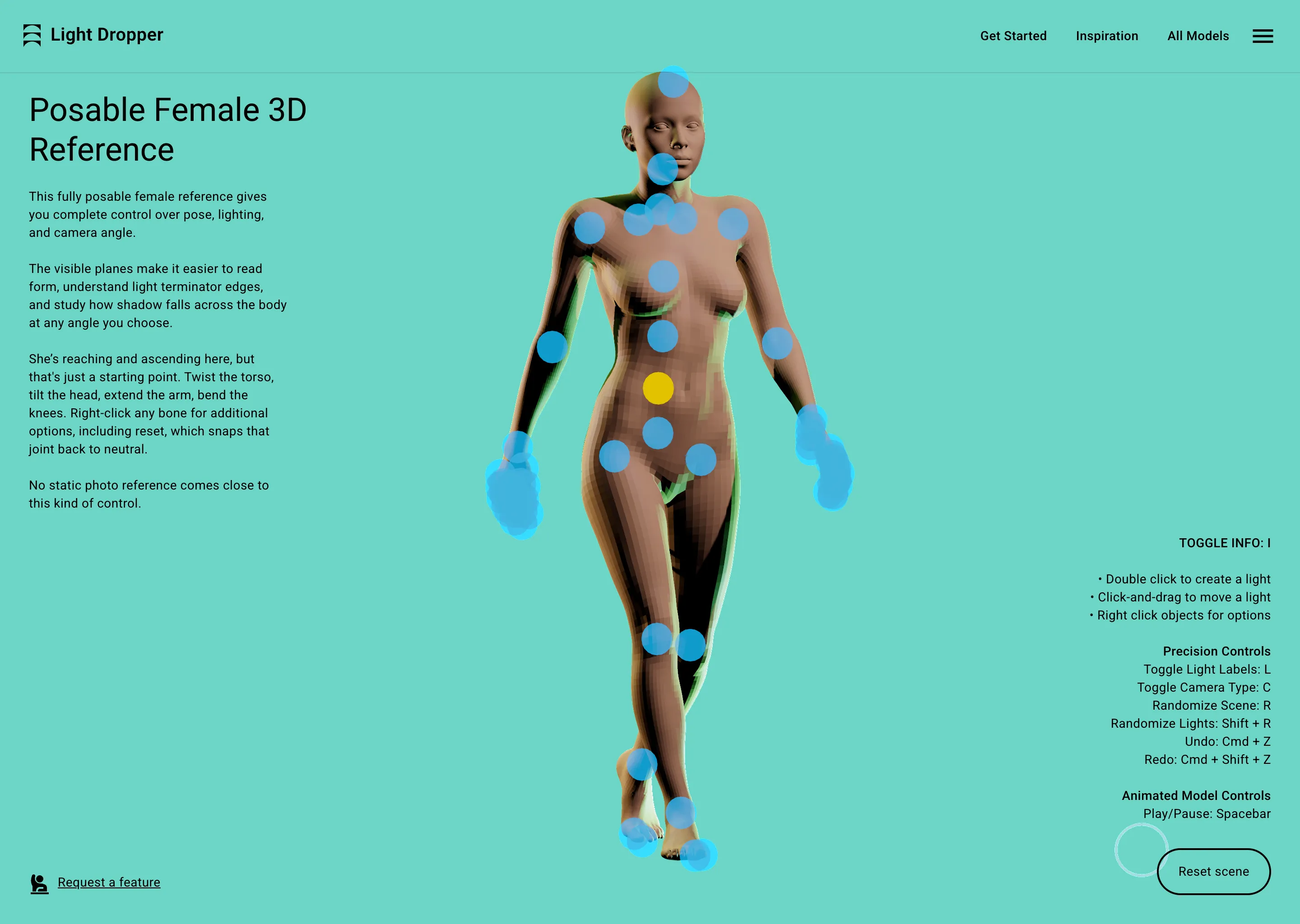 3D posable female model with joint markers on turquoise background with control instructions.