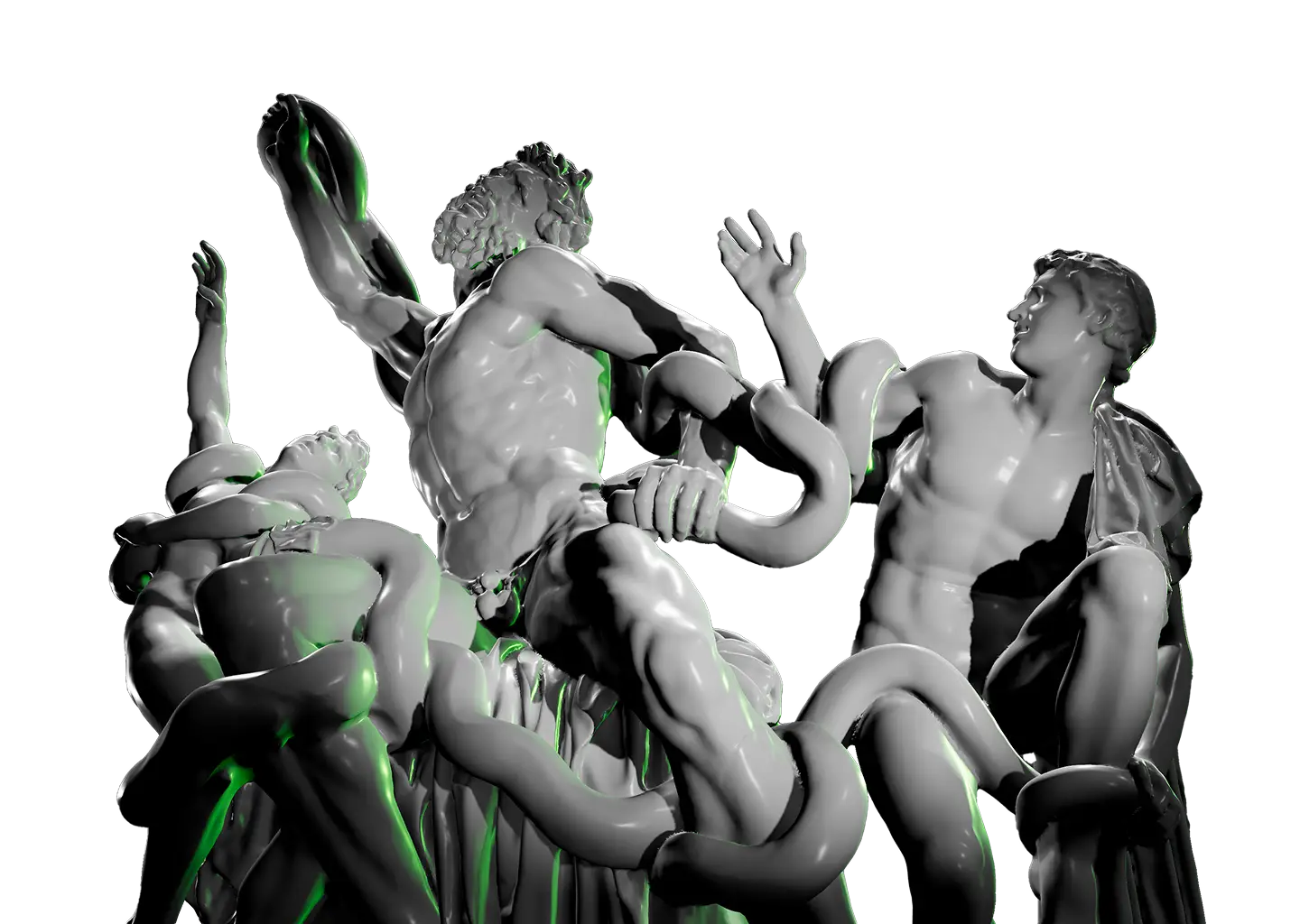 Shading reference of classic marble sculpture of three men struggling with large serpents wrapped around their bodies.