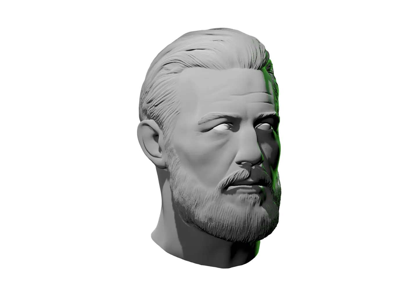 Middle aged man with wrinkles, a full beard, mustache, and detailed facial features, facing slightly to the right.