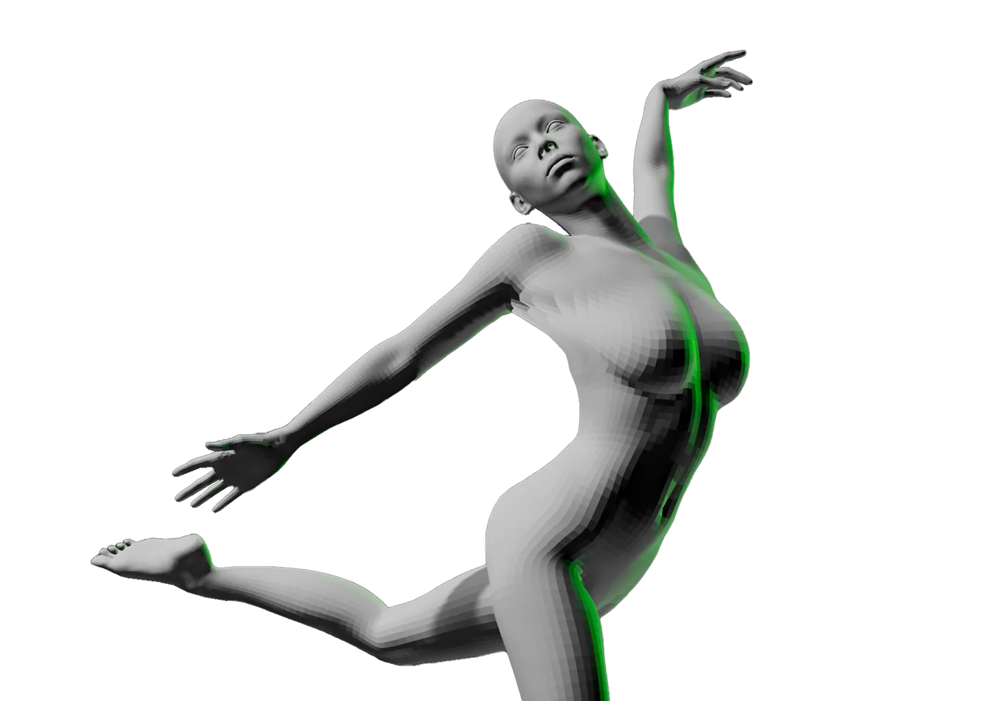 3D female figure in an arched pose with raised arms and one leg extended backward.