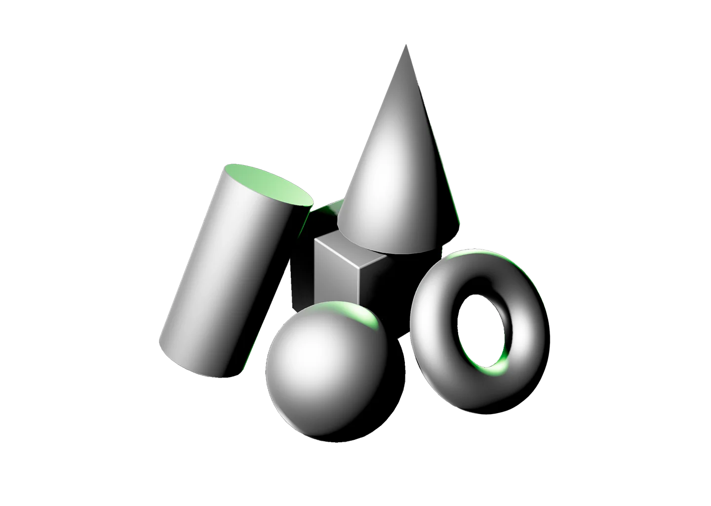 Primitive shapes including cylinder, sphere, cube, cone, and torus with green shading highlights.