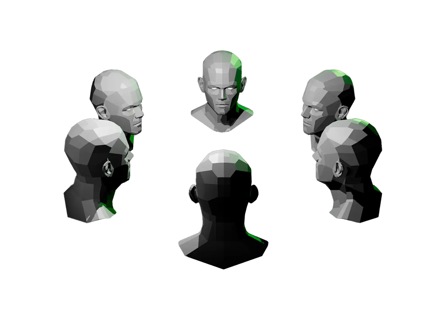 Six planar heads viewed from different angles.